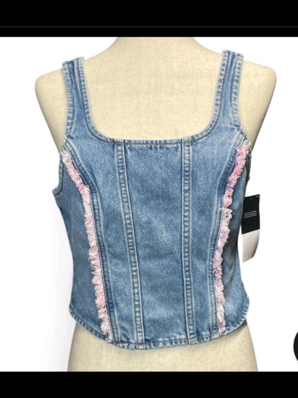 NWT Lee Elite Blue Denim Crop Top with Pink Frayed Trim And Full Zipper . Size L